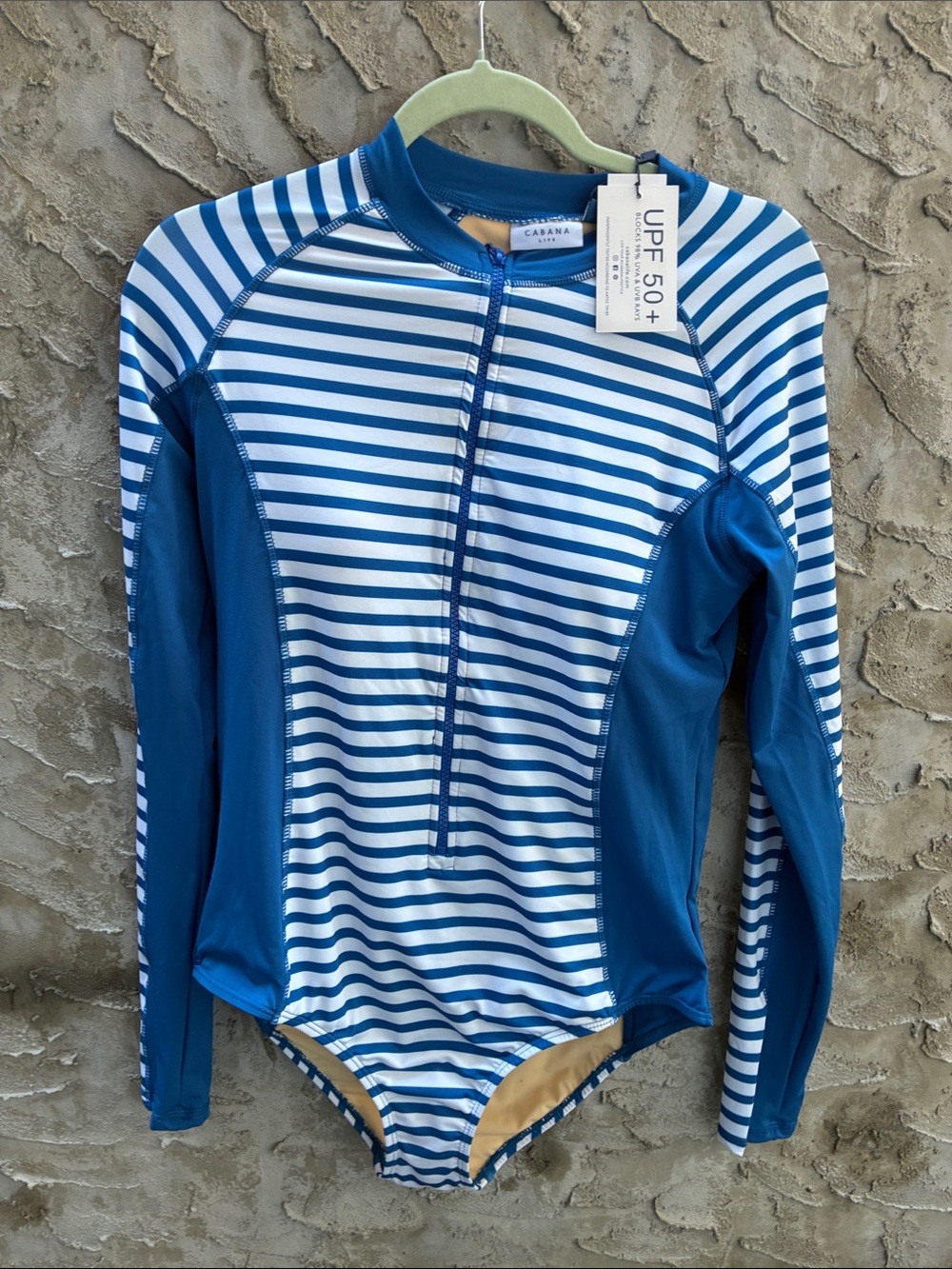 Cabana Life Blue & White Striped Long Sleeve One-Piece Rash Suit SPF 50 L